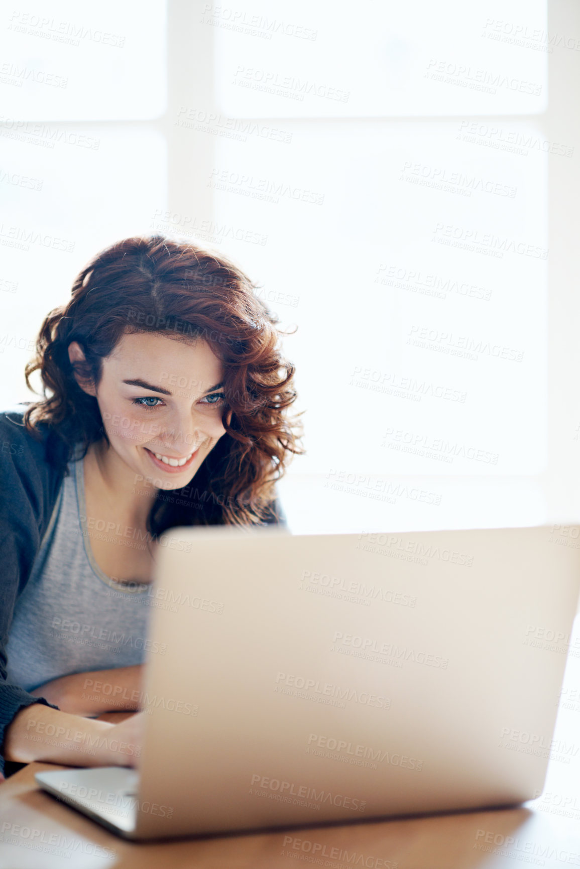 Buy stock photo Laptop, research and freelancer with woman in home office for smile, email or ebook author. Digital publishing, planning or remote work with person in house for online editor and proofreading space