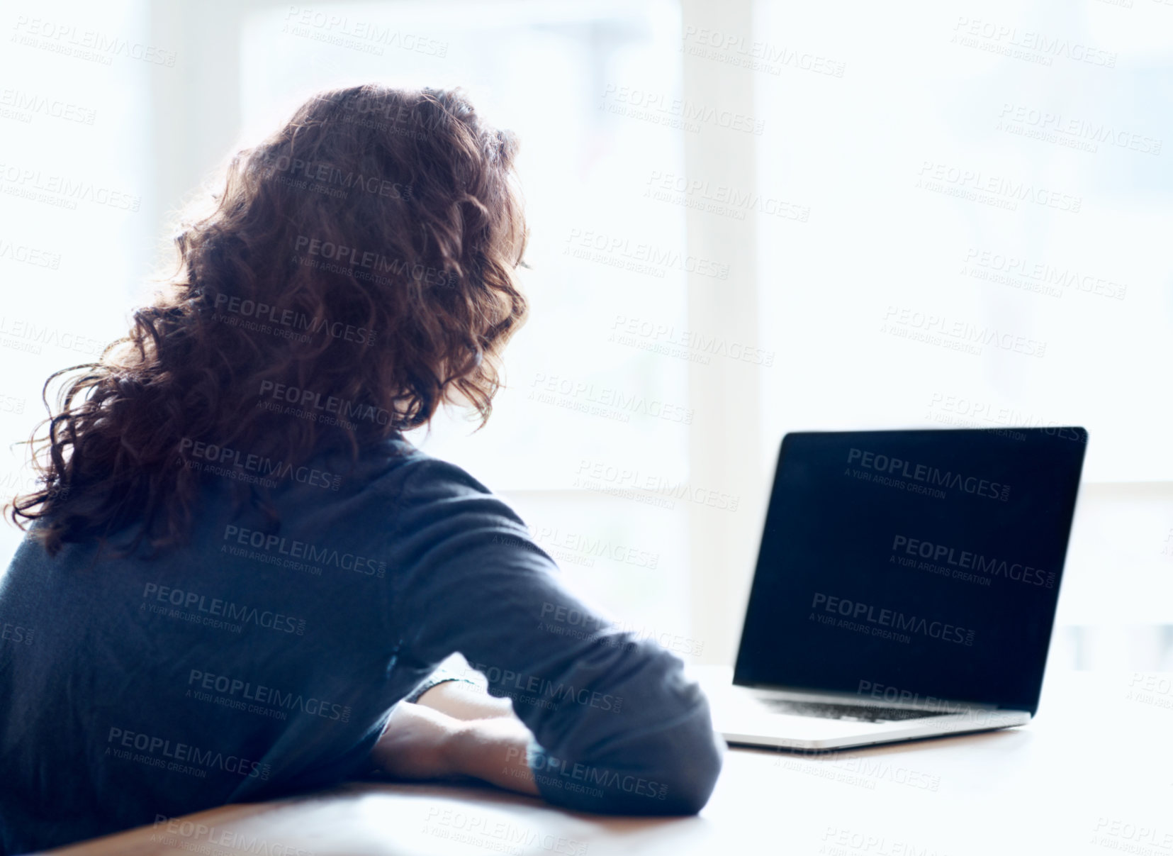 Buy stock photo Laptop screen, back and research with woman in home office for planning, email or ebook author. Digital publishing, mockup space or remote work with person in house for editor and proofreading