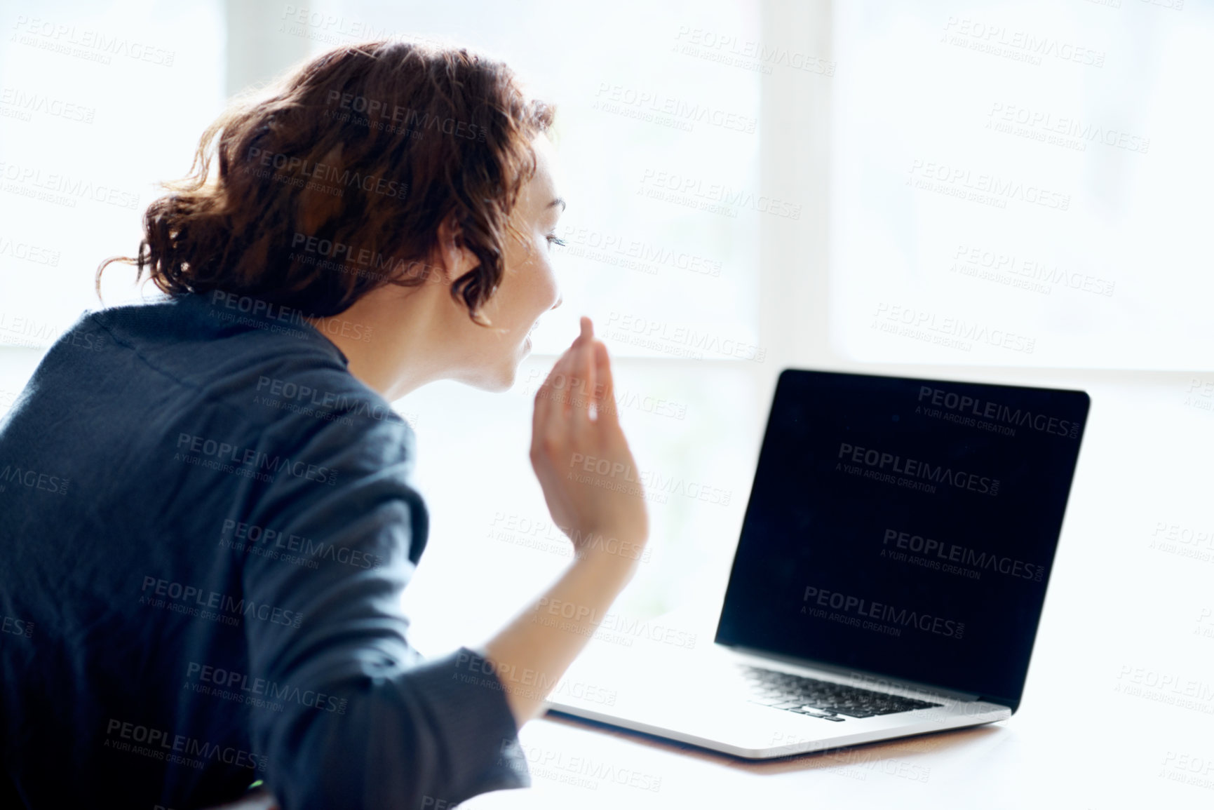 Buy stock photo Wave, laptop screen and video call with woman in home for live streaming, social media or hello. Broadcast, content creation or connection with person in house for recording, mockup space or greeting