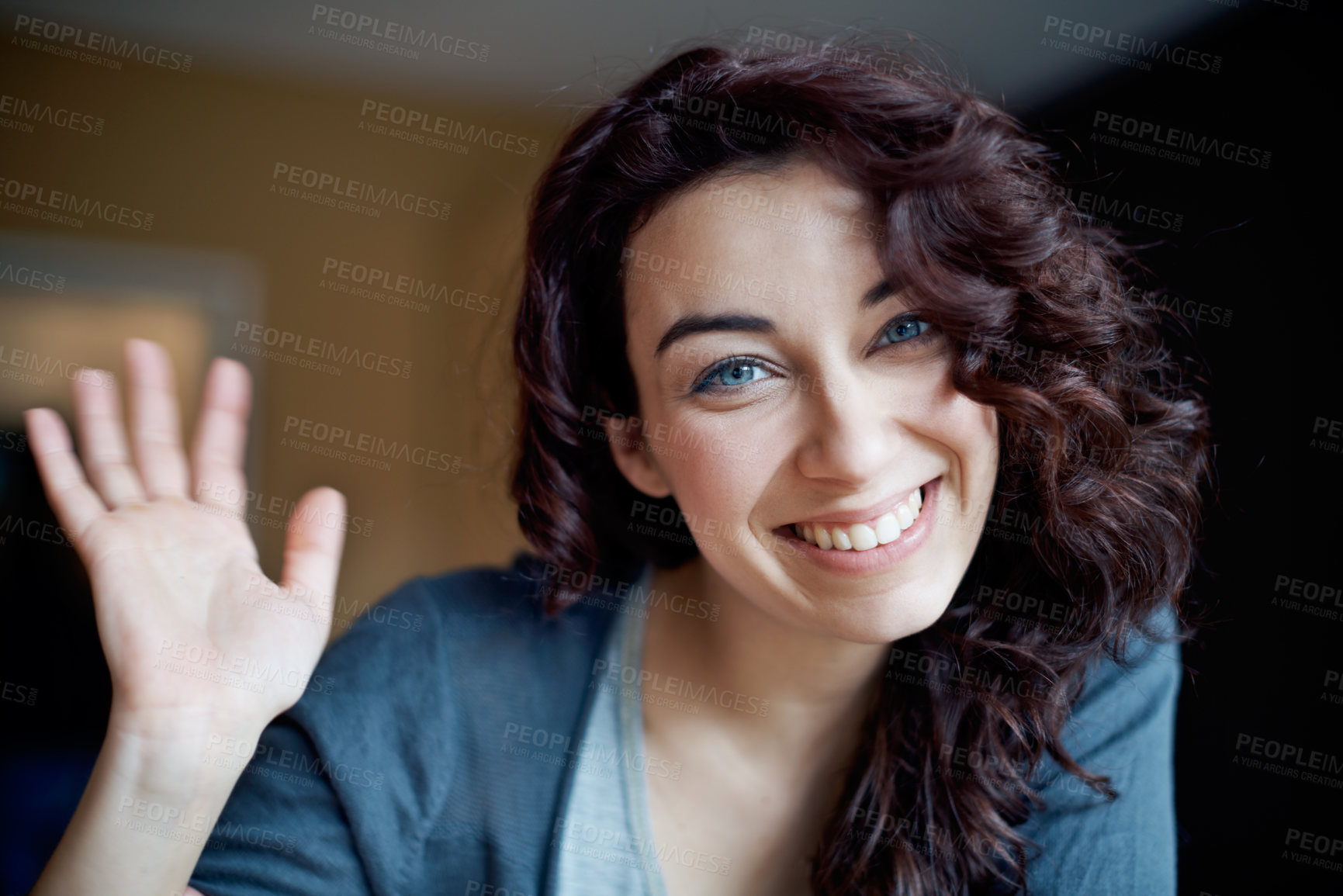 Buy stock photo Wave, portrait and video call with woman in home for live streaming, social media or hello. Broadcast pov, content creation or connection with person in house for recording, smile or greeting