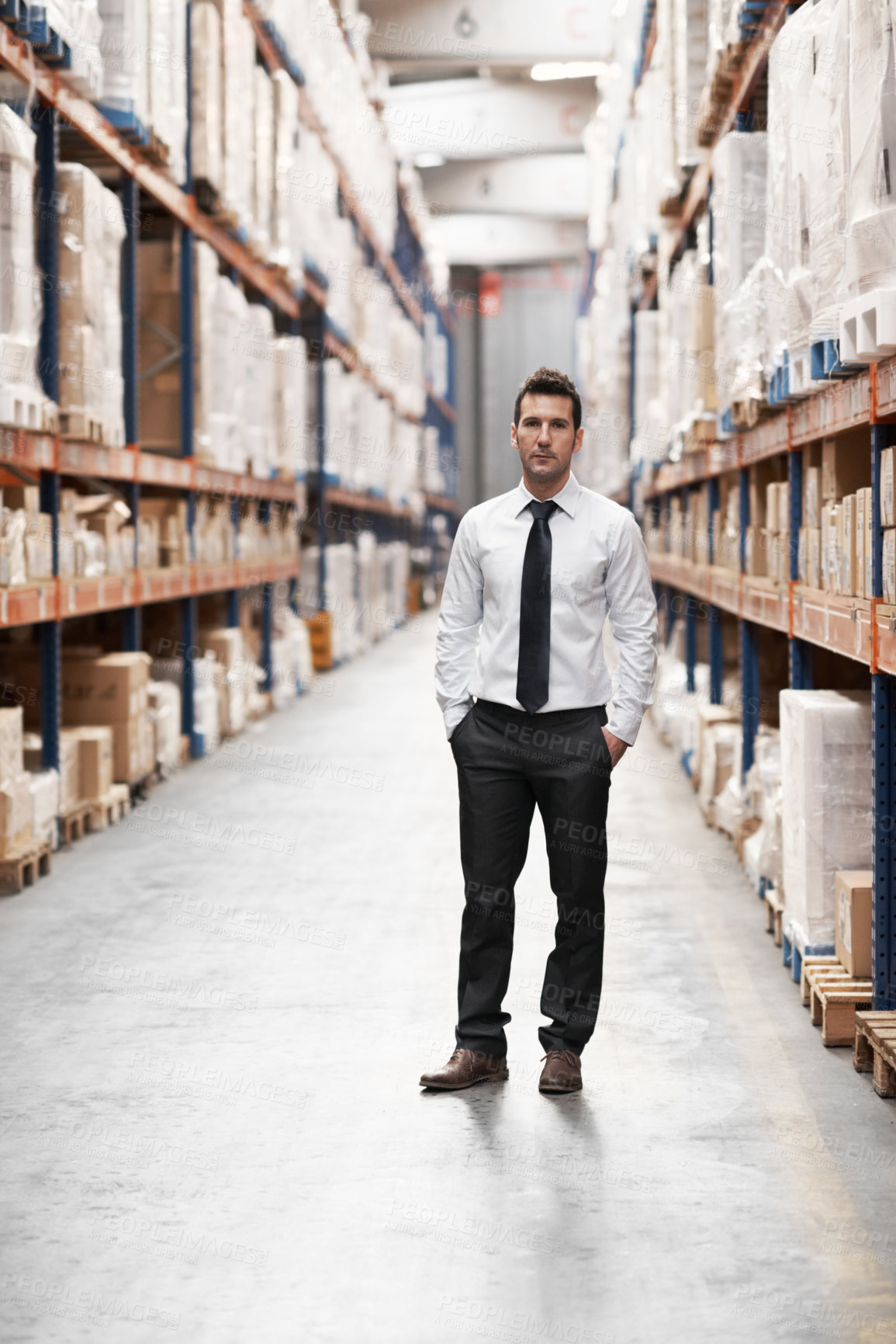 Buy stock photo Business, man and portrait in warehouse for logistics , inventory management or shipping dispatch inspector. Male person, serious and supervisor for supply chain, distribution and storage facility