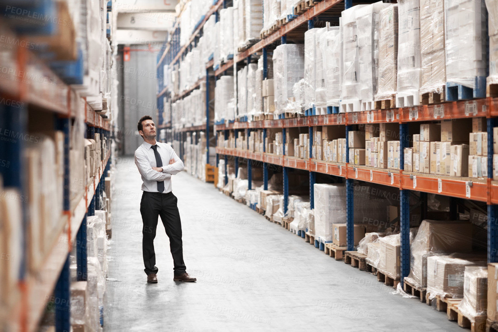 Buy stock photo Distribution, business man and thinking in warehouse for logistics, inventory management and vision. Dropshipping, ideas and corporate supply chain manager insight for export goods at shipping depot 