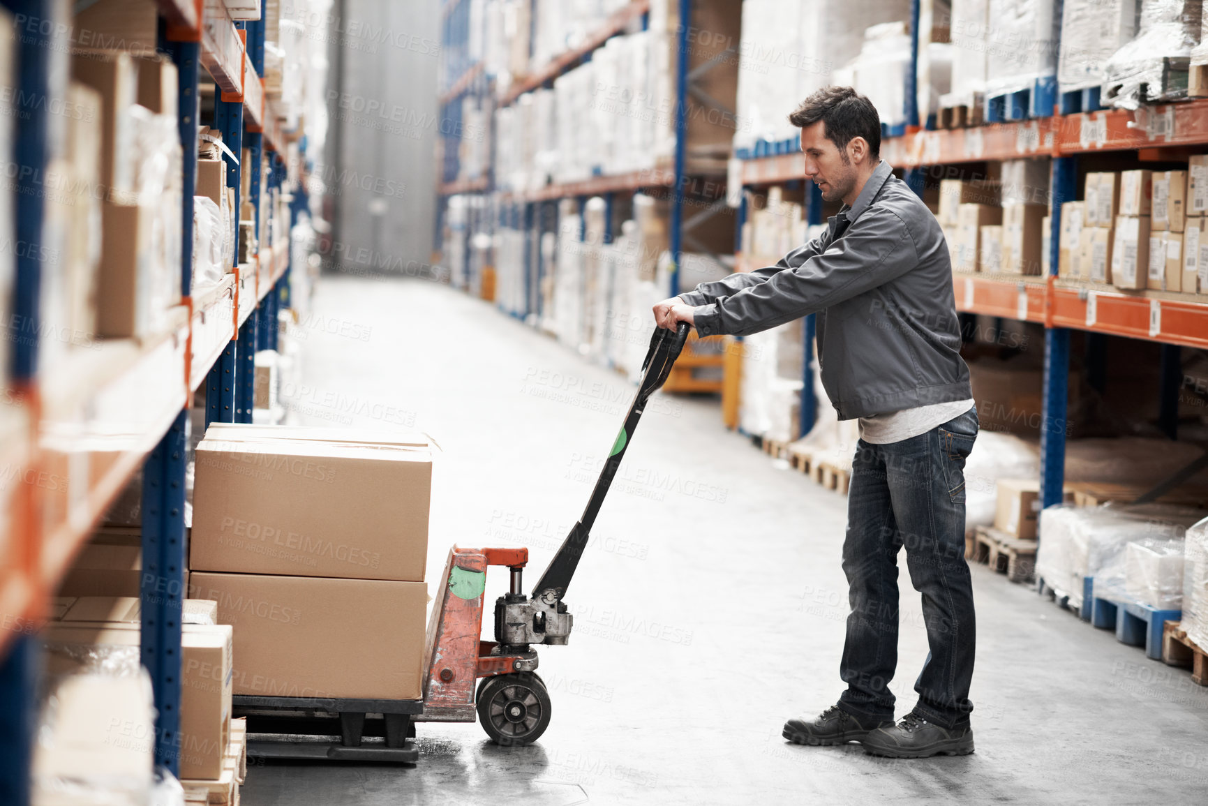 Buy stock photo Man, pallet jack or boxes in warehouse for distribution, inventory management or stock control. Employee, fright or hydraulic trolley in depot for efficient storage, logistics or supply chain service