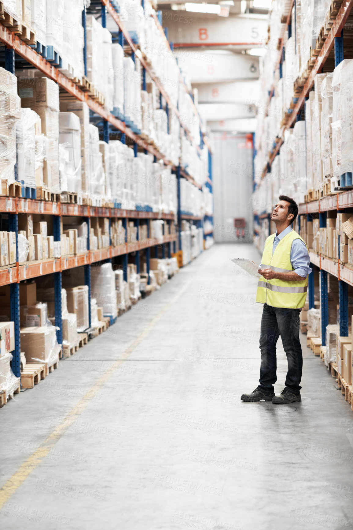 Buy stock photo Clipboard, shelf and logistics with man in warehouse for inventory checklist, delivery schedule and cargo. Supply chain, quality control and distribution supervisor with person in shipping factory