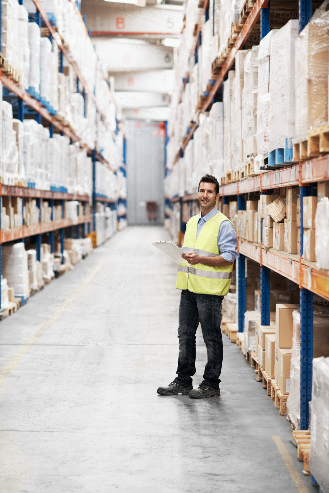 Buy stock photo Clipboard, shipping and portrait with man in warehouse for inventory checklist, delivery schedule and cargo. Supply chain, quality control and distribution supervisor with person in logistics factory