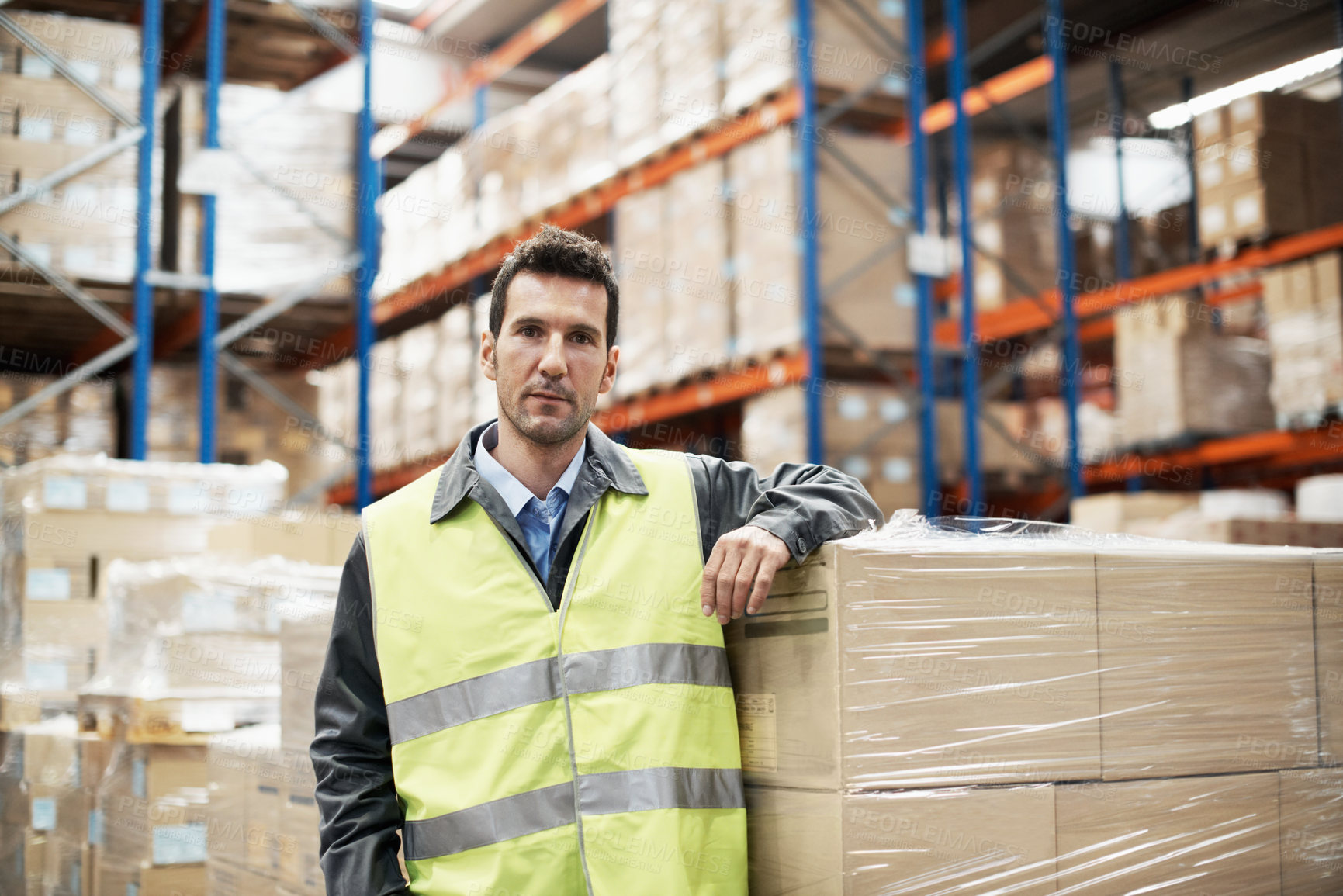 Buy stock photo Logistics, boxes and portrait of man in warehouse for inventory manager, pride and supply chain. Procurement specialist, cargo inspection and delivery depot with person in factory for export