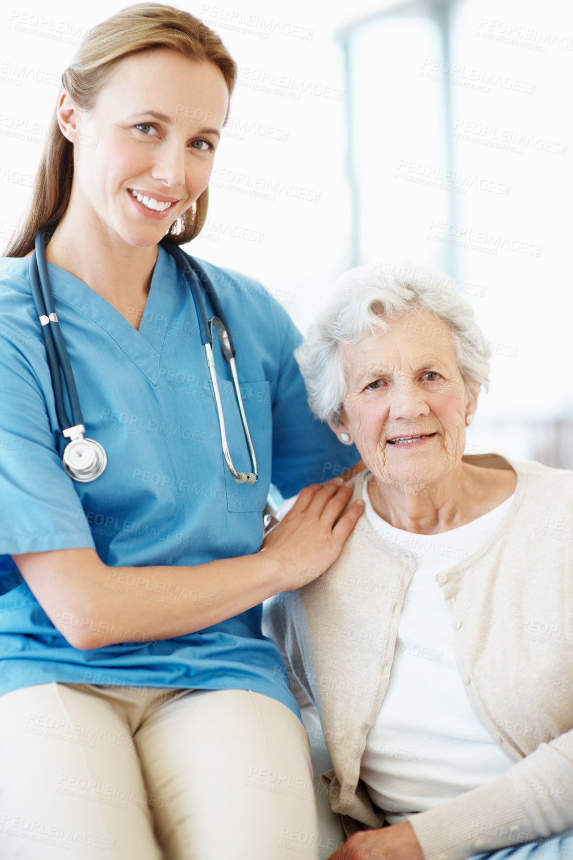 Buy stock photo Portrait, nurse and old woman on couch with hug, kindness and bonding in retirement care. Support, caregiver and elderly person with embrace, medical assistance or patient connection in nursing home.
