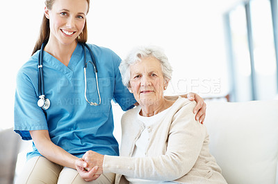 Buy stock photo Portrait, caregiver or old woman in nursing home with holding hands, kindness or bonding with support. Trust, nurse or elderly person with help, medical assistance or patient connection in retirement