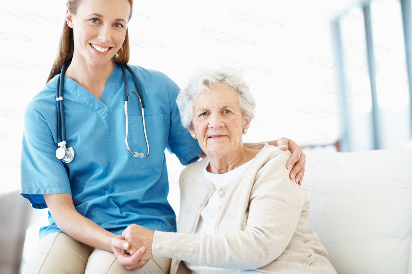 Buy stock photo Portrait, caregiver or old woman in nursing home with holding hands, kindness or bonding with support. Trust, nurse or elderly person with help, medical assistance or patient connection in retirement
