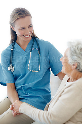 Buy stock photo Caregiver, holding hands and old woman in nursing home, medical appointment and bonding with patient. Assisted living, retirement and happy nurse with elderly person, help and healthcare services