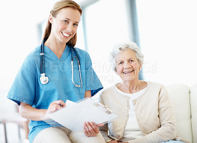 Buy stock photo Nurse, clipboard or elderly woman in nursing home for support, healthcare or portrait with notes. Caregiver, smile and senior resident in retirement center with medical history, service and care