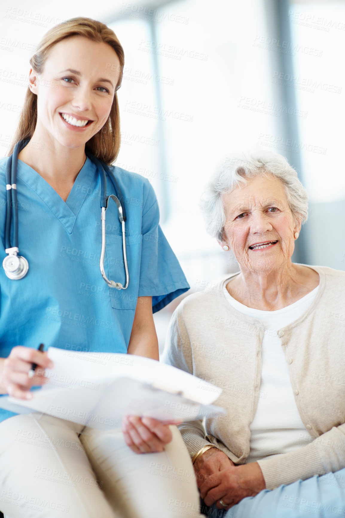 Buy stock photo Caregiver, notes or senior woman in nursing home for support, care or healthcare with clipboard. Nurse, retirement or elderly resident in portrait with medical history or happy for health improvement