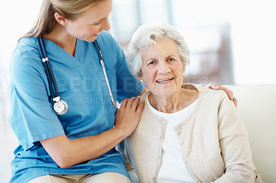 Buy stock photo Hug, healthcare and nurse with senior woman for medical checkup, empathy or rehabilitation with help. Portrait, homecare and caregiver with elderly female patient in retirement with assistance.