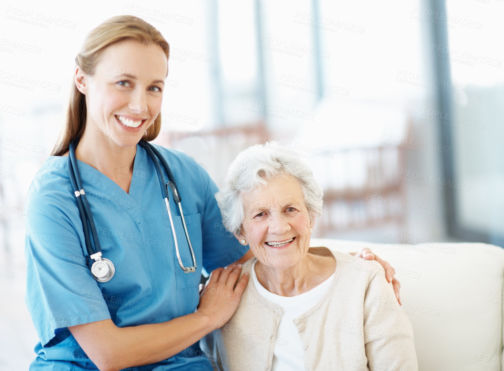 Buy stock photo Portrait, nurse or old woman on sofa with support, empathy or bonding in retirement care. Kindness, caregiver or elderly person with embrace, medical assistance or patient connection in nursing home.