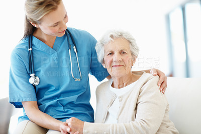 Buy stock photo Nurse, support and holding hands with senior woman, checkup and appointment for medical assistance. Portrait, healthcare worker and elderly person in nursing home with kindness, help or consultation.