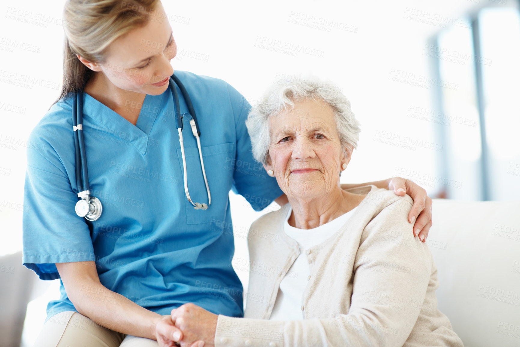 Buy stock photo Nurse, support and holding hands with senior woman, checkup and appointment for medical assistance. Portrait, healthcare worker and elderly person in nursing home with kindness, help or consultation.