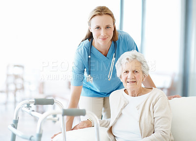 Buy stock photo Portrait, caregiver and old woman at house with walker, assistance and support for rehabilitation. Smile, nurse or senior person with disability, physiotherapy and assisted living for medical service