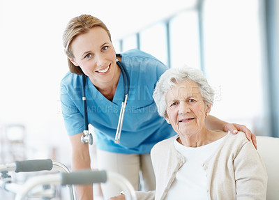 Buy stock photo Happy, caregiver and old woman at house with walker, assistance or support for rehabilitation. Portrait, nurse and senior person with disability, physiotherapy and assisted living for medical service