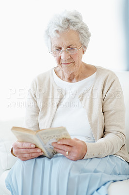 Buy stock photo Calm, book or old woman in house with reading, fantasy novel or insight in literature activity. Relax, glasses or senior person with fairytale, peaceful moment or fiction story in retirement hobby.