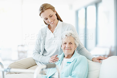 Buy stock photo Daughter, relax and old woman in home with smile, love and bonding together for rehabilitation. Portrait, female person and senior mother with disability, compassion and assistance for physiotherapy