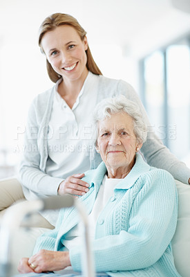 Buy stock photo Support, women or elderly mother in home with love, smile or family together in living room. Adult daughter, senior parent or relax on sofa for care, bonding or portrait with walker in retirement
