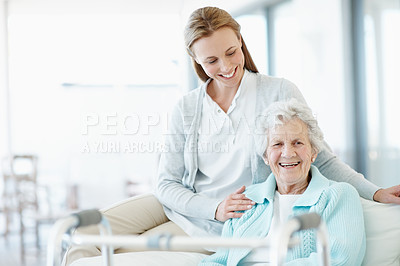 Buy stock photo Physio, consultation and old woman in nursing home with walker, help and smile for medical support. Portrait, physical therapist and senior person in appointment for checkup, wellness or mobility aid