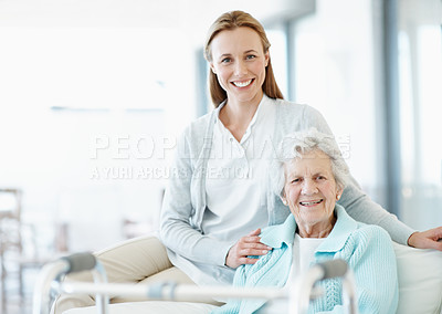 Buy stock photo Portrait, physio and old woman in retirement home with walker, support and smile for healing injury. Happy, physical therapist and senior person in consultation with mobility aid, recovery and help.
