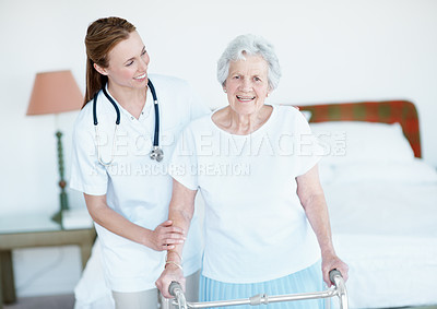 Buy stock photo Nurse, help and senior woman with walker, exercise and medical support for arthritis rehabilitation. Portrait, healthcare worker and old person with disability, mobility aid or smile in nursing home.