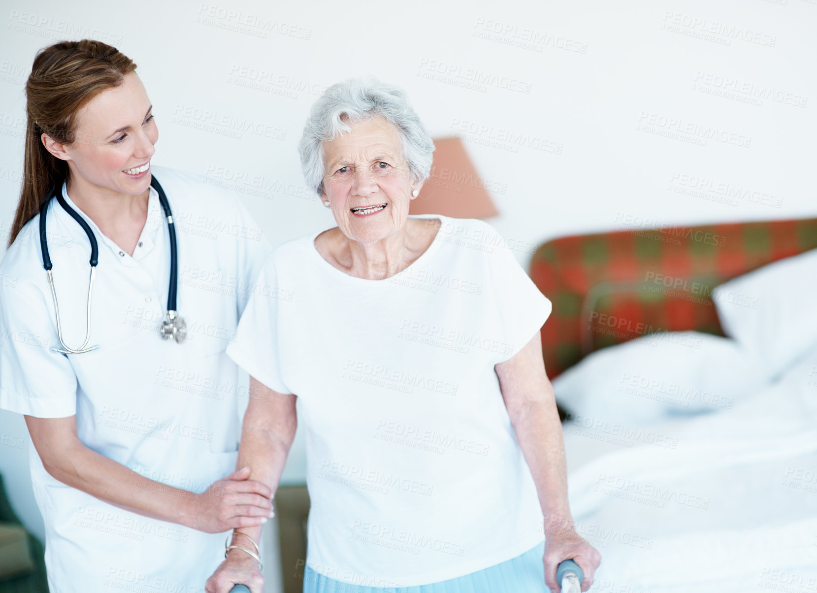 Buy stock photo Nurse, help and old woman with walker in home for medical wellness, rehabilitation or support. Bedroom, happy caregiver and senior person with disability, portrait and healthcare with assisted living
