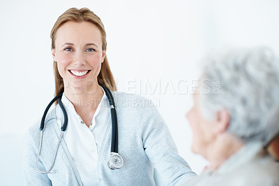Buy stock photo Doctor, consultation and old woman in nursing home with help, checkup and smile for medical support. Portrait, healthcare worker and senior person in appointment for patient, wellness and assistance.