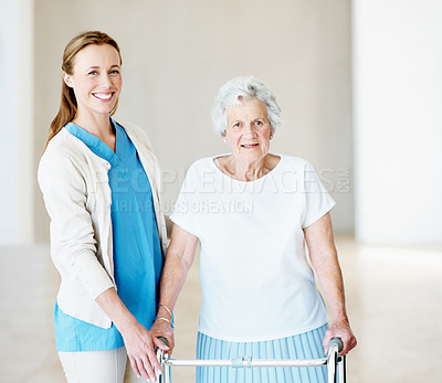 Buy stock photo Portrait, nurse and old woman in retirement home with walker, smile or medical help for stroke recovery. Happy, healthcare worker and senior person with disability, occupational therapy and support.