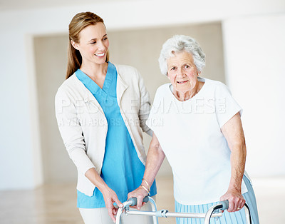 Buy stock photo Nurse, support and old woman in retirement home with walker, smile and help for stroke rehabilitation. Portrait, caregiver and senior person with disability, mobility aid or happy for injury recovery