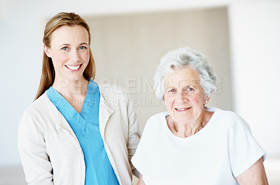 Buy stock photo Portrait, caregiver or old woman in nursing home with support, empathy or bonding in elderly care. Happy, nurse or senior person with kindness, medical assistance or patient connection in retirement.