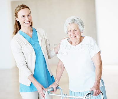 Buy stock photo Support, nurse and elderly woman with walker at clinic, medical rehabilitation or physical therapy. Walking frame, physiotherapy and happy person with disability, portrait or laugh in retirement