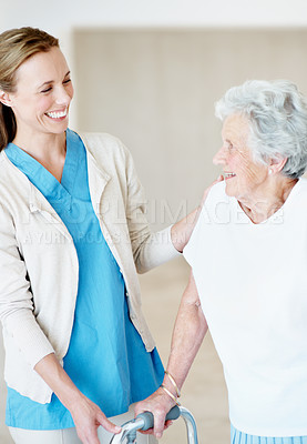 Buy stock photo Care, walker and caregiver with elderly patient for help, balance or support in assisted living. Nurse, walking frame or person with disability in retirement, rehabilitation or happy for mobility aid