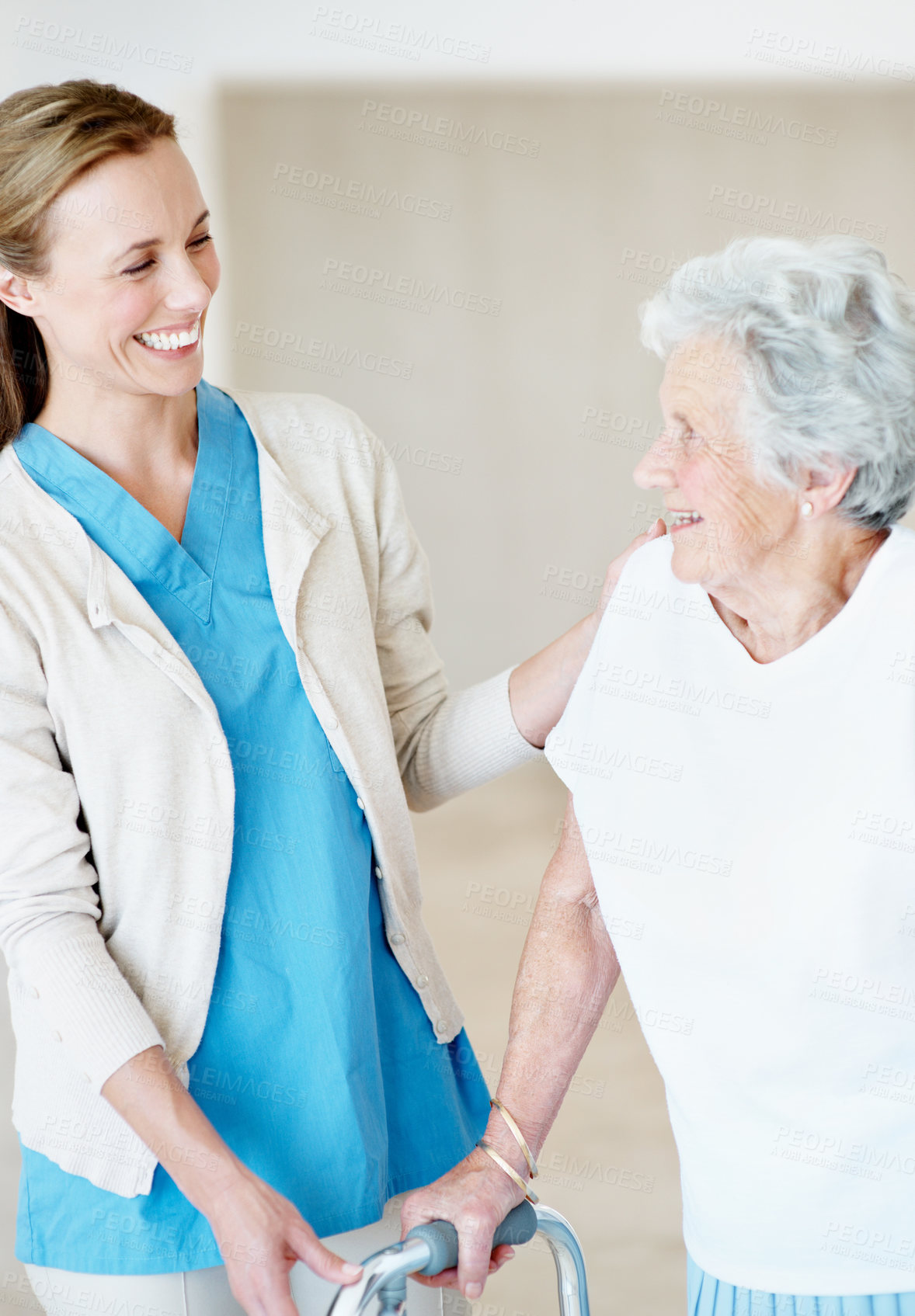 Buy stock photo Support, walker and caregiver with elderly patient for help, balance or care in assisted living. Nurse, walking frame or person with disability in retirement, rehabilitation or happy for mobility aid