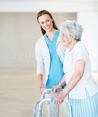 Buy stock photo Physio, support and old woman in retirement home with walker, exercise or help for stroke recovery. Space, healthcare worker and senior person with disability, equipment or happy for physical therapy