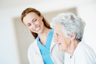 Buy stock photo Nursing home, caregiver and thinking with elderly woman, happiness and medical support in retirement. Thoughts, nurse or senior patient with smile at house for healthcare, wellness or assisted living