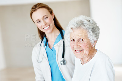 Buy stock photo Caregiver, medical appointment and senior woman in nursing home, healthcare and bonding with patient. Assisted living, retirement and happy nurse with elderly person, portrait and health consultation