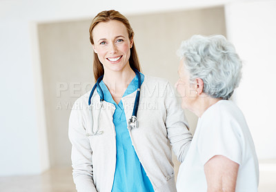 Buy stock photo Healthcare, caregiver and senior woman in nursing home, medical appointment and bonding with patient. Assisted living, retirement and happy nurse with elderly person, portrait and health consultation
