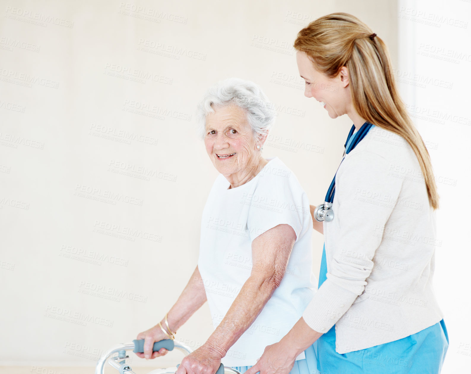 Buy stock photo Help, nurse and senior woman with walker at home, medical support or rehabilitation with space. Walking frame, caregiver and happy person with disability, healthcare and portrait in retirement