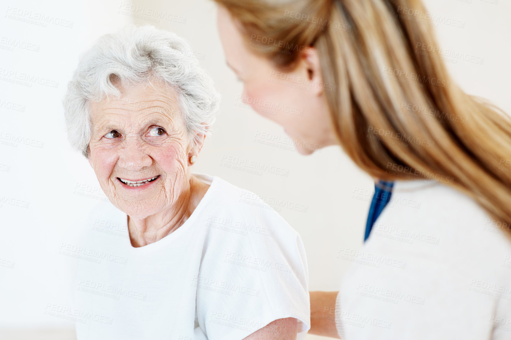 Buy stock photo Support, nurse and senior woman in nursing home with rehabilitation, recovery or medical consultation. Healthcare, assistance and caregiver with elderly patient in retirement for checkup at facility.