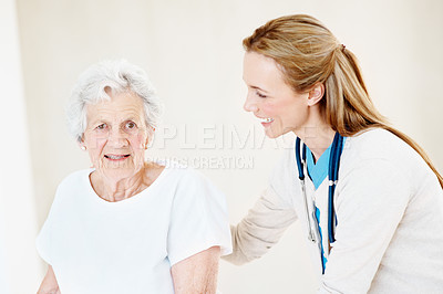 Buy stock photo Help, nurse and senior woman in nursing home with support, recovery or medical consultation. Portrait, assistance and caregiver with elderly female patient in retirement for checkup at facility.