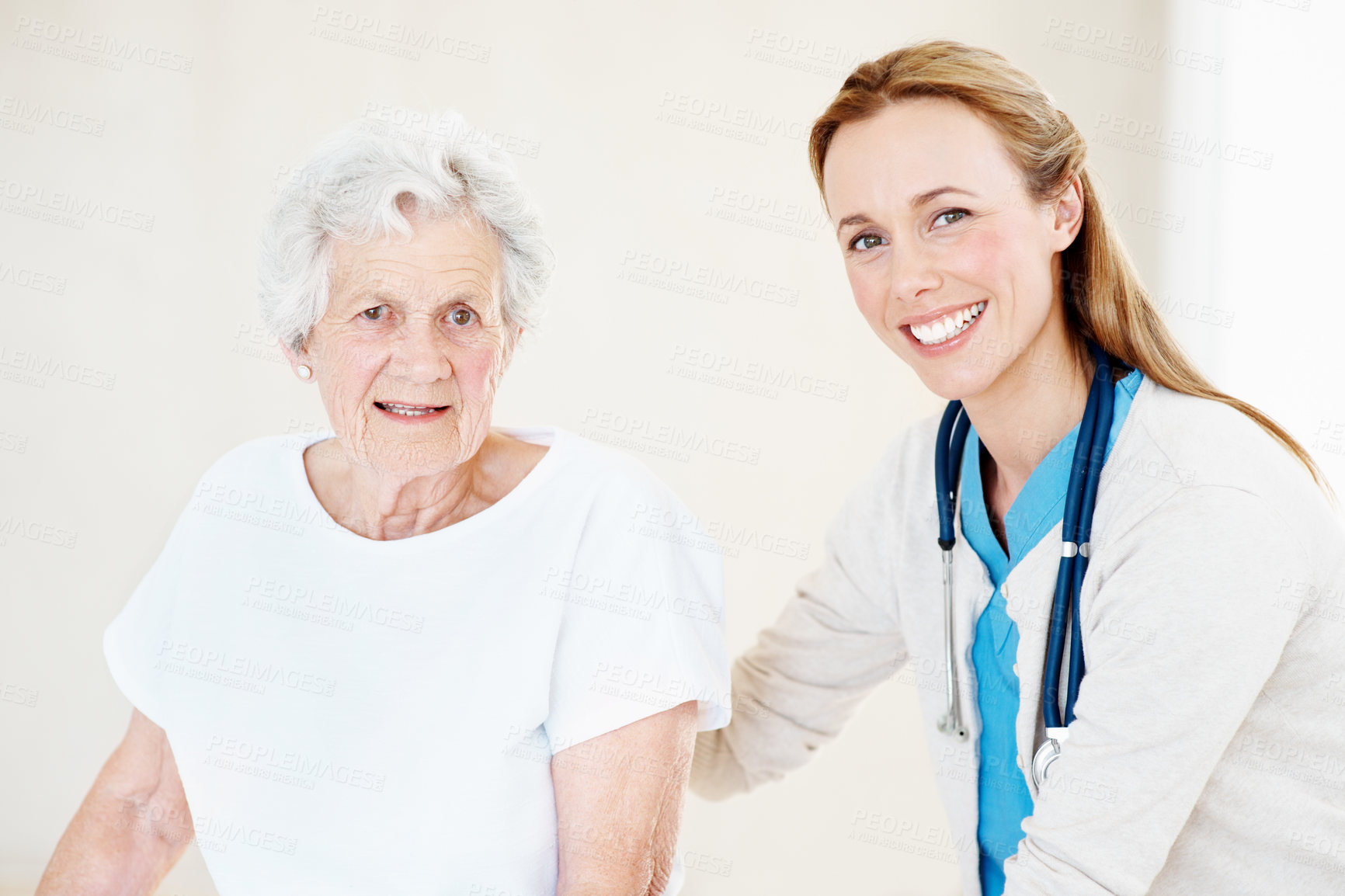 Buy stock photo Portrait, caregiver or old woman in nursing home with help, empathy or bonding with support. Happy, nurse or elderly person with kindness, medical assistance or patient connection in retirement care.