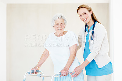 Buy stock photo Help, nurse and portrait of old woman with walker at home, medical support or rehabilitation. Walking frame, caregiver and happy person with disability, healthcare recovery or healing in retirement