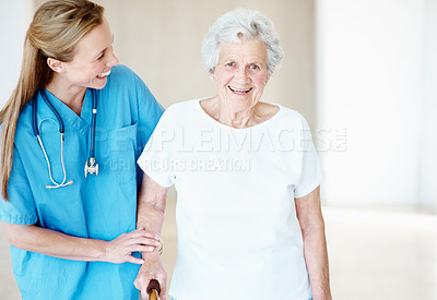 Buy stock photo Nurse, smile or senior woman in nursing home for support, healthcare or care in assisted living. Caregiver, portrait or elderly resident in retirement center for wellness, service or cane for balance
