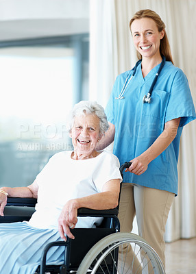 Buy stock photo Nurse, portrait and senior woman in wheelchair for support, smile and healthcare or elderly care. Caregiver, old patient or person with disability, wellness and happy in retirement at nursing home