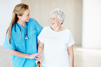 Buy stock photo Nurse, happy and elderly woman in nursing home for support, healthcare and care in assisted living. Caregiver, smile and senior resident in retirement center for wellness, service or cane for balance