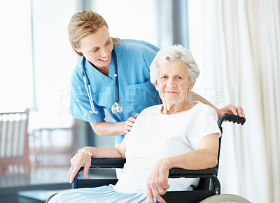 Buy stock photo Caregiver, home and senior woman in wheelchair, assisted living and connection for healthcare recovery. Homecare, nurse and elderly person with disability, medical support and portrait with smile