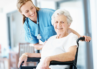 Buy stock photo Caregiver, support and smile with old woman in wheelchair, assisted living and retirement healthcare. Connection, nurse or senior person with disability, medical help or portrait for wellness at home